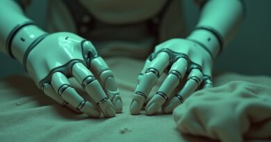 Roboty składają pranie, obserwowane przez oko z pikselowanego smartfona. Melancholijna wizja przyszłości pracy.