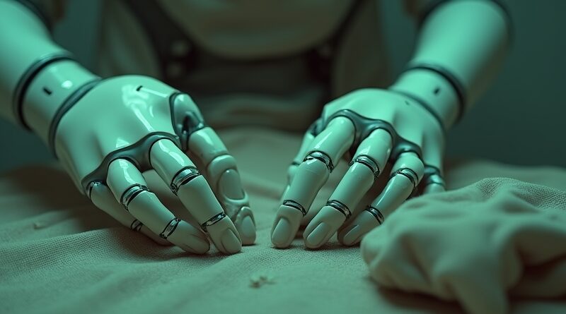 Roboty składają pranie, obserwowane przez oko z pikselowanego smartfona. Melancholijna wizja przyszłości pracy.