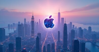 Futurystyczny, błękitno-fioletowy krajobraz miasta o świcie z logo Apple, symbolizujący integrację AI.