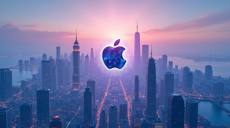 Futurystyczny, błękitno-fioletowy krajobraz miasta o świcie z logo Apple, symbolizujący integrację AI.