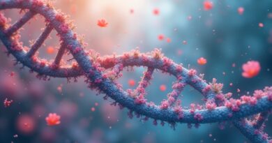 Cyfrowa nić DNA opleciona kwiatami na tle szarego laboratorium, nadzieja AI kontra sceptycyzm medycyny.