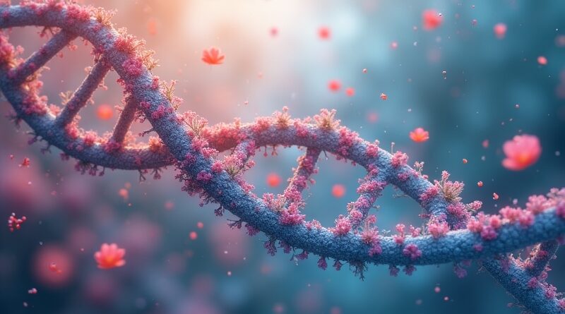 Cyfrowa nić DNA opleciona kwiatami na tle szarego laboratorium, nadzieja AI kontra sceptycyzm medycyny.