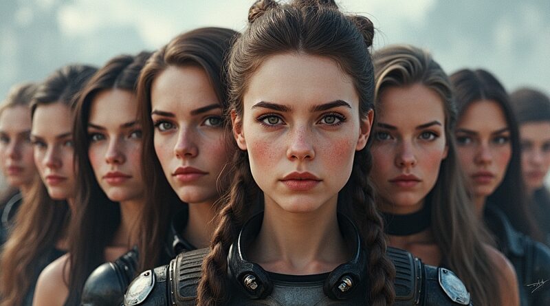 Sztucznie ujednolicone twarze postaci z gier poddane działaniu AI, dystopijny efekt "doliny niesamowitości".