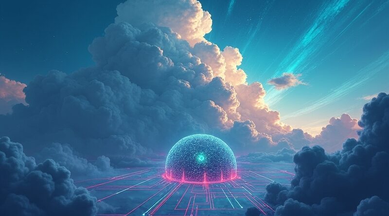 Chmura danych nicowana przez kable, otoczona energią. Cyberbezpieczeństwo Databricks w erze AI.