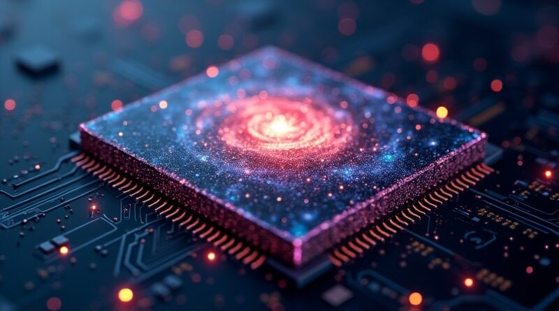 Świecąca minigalaktyka w mikroprocesorze, symbolizująca nowe, kompaktowe modele AI od OpenAI.