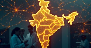 Złote połączenia neuronowe na mapie Indii symbolizują przepływ danych i rozwój AI przez Deccan AI.