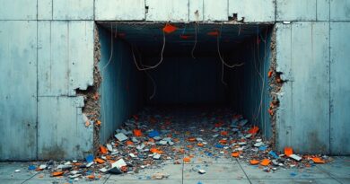 Krusząca się fasada bezpieczeństwa odsłania wnętrze chaosu, kabli i danych. Metafora fikcyjnej zgodności.