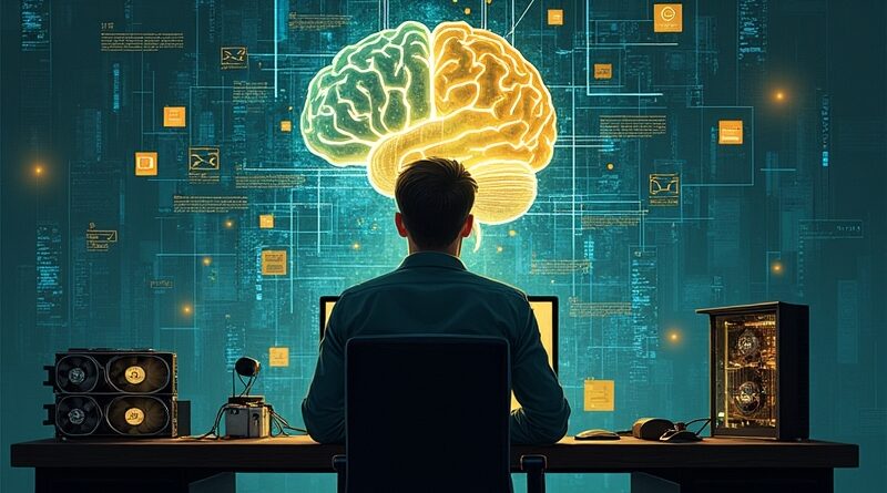 Programista w blasku ekranu, NVIDIA RTX, sieć kodu, mózg – lokalny fine-tuning AI.