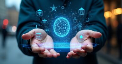 Ręce kuriera korzystające z hologramu sieci neuronowych AI, nakładka z mapą miasta i ikonami restauracji.