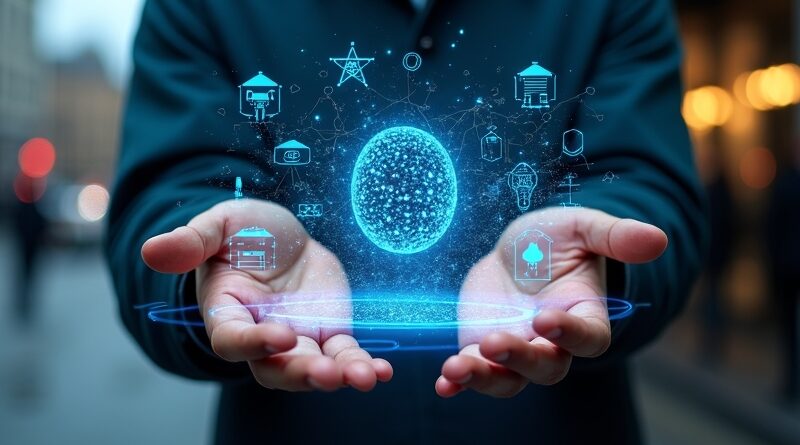 Ręce kuriera korzystające z hologramu sieci neuronowych AI, nakładka z mapą miasta i ikonami restauracji.