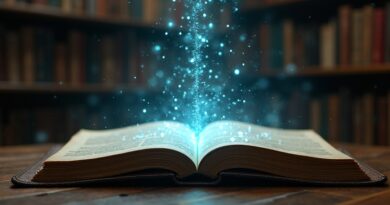 Strumień krzemowych układów scalonych wlewa się do skórzanego notatnika w futurystycznej bibliotece.