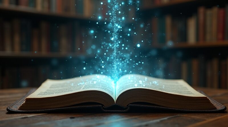 Strumień krzemowych układów scalonych wlewa się do skórzanego notatnika w futurystycznej bibliotece.