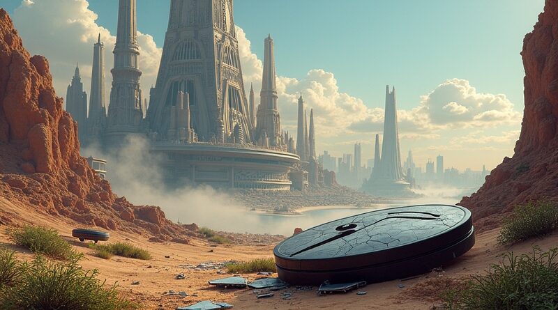 Rozbita Dolina Krzemowa: lśniąca architektura Nvidii, rozpadający się metawersum, popękany symbol Tesli.