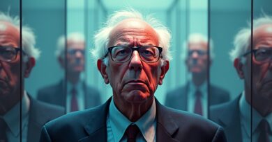 Surrealistyczne okulary Berniego Sandersa odbijają nieskończoną sieć chatbotów AI w Escherowskim biurze.