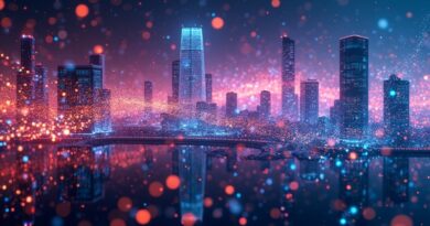 Abstrakcyjny strumień danych przez futurystyczne miasto symbolizuje ekonomię systemów multi-agentowych NVIDIA.