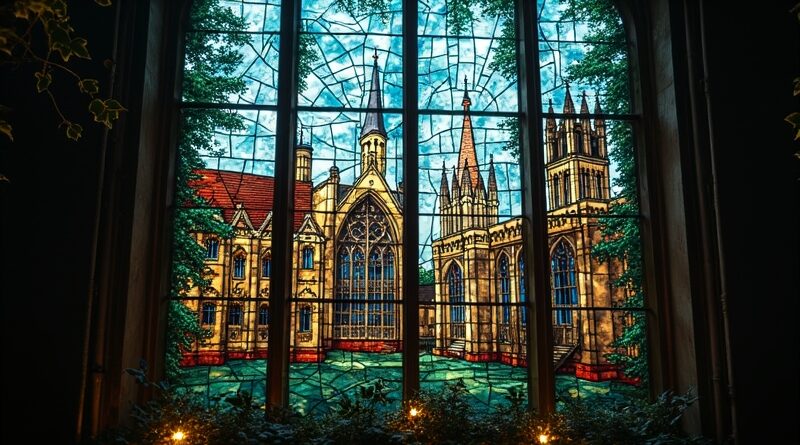 Roztrzaskane witraże łączą architekturę brytyjskich uczelni z zniekształconymi twarzami studentów, binarnym kodem i obwodami.