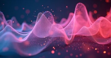 Abstrakcyjne fale dźwiękowe splatają się z dokumentami prawnymi w neonowym blasku. AI muzyka: szansa i zagrożenie.