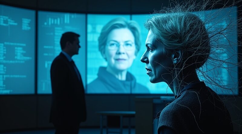 Cyfrowa sala sądowa, holograficzna Warren kontra Pentagon, rozdarte oblicze Anthropic, spór o etykę AI.