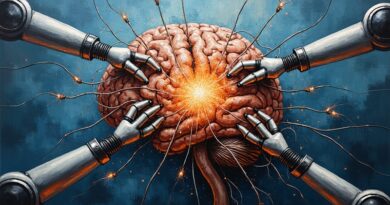 Abstrakcyjna, olejowa wizja restrukturyzacji xAI – naprawiana sieć neuronowa, ramiona robotów, tło: Tesla i SpaceX.