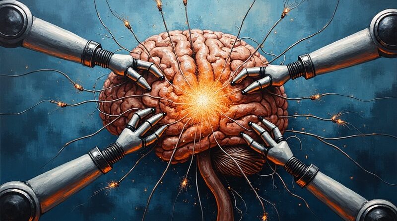 Abstrakcyjna, olejowa wizja restrukturyzacji xAI – naprawiana sieć neuronowa, ramiona robotów, tło: Tesla i SpaceX.