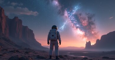 Astronauta na obcej planecie patrzy na konstelację w kształcie litery X. Izolacja, przyszłość AI.