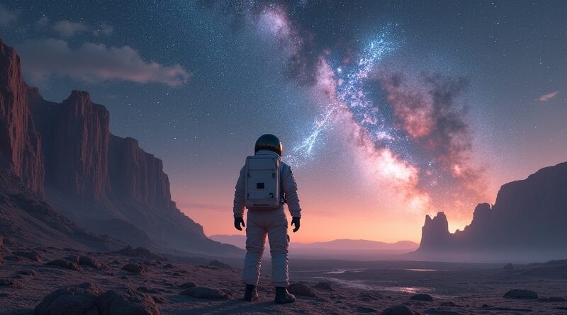 Astronauta na obcej planecie patrzy na konstelację w kształcie litery X. Izolacja, przyszłość AI.