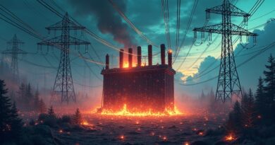 Przeciążona sieć energetyczna AI: futurystyczne serwerownie, algorytmy, topniejący transformator i nadzieja zielonej energii.