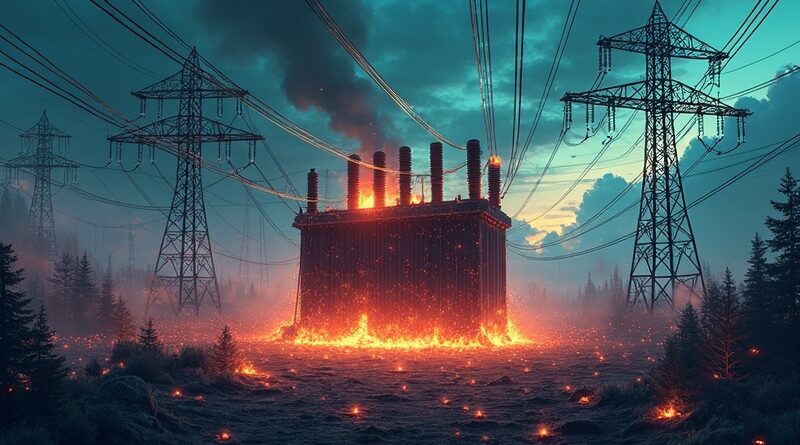 Przeciążona sieć energetyczna AI: futurystyczne serwerownie, algorytmy, topniejący transformator i nadzieja zielonej energii.