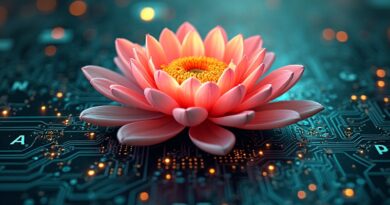 Rozkwitający kwiat z obwodu drukowanego na tle sali sądowej, symbol etyki AI i wzrostu Anthropic.