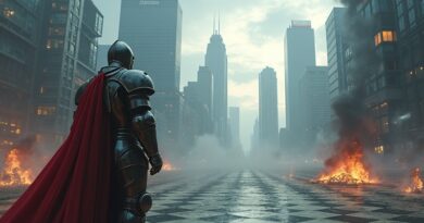 Cyfrowy rycerz w zbroi na szachownicy: drapacze chmur kontra strefa wojny. Ilustracja koncepcji AI Palantira.