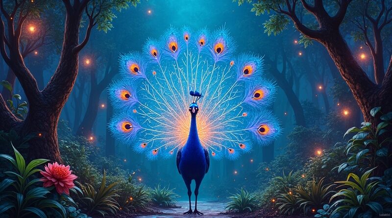 Bioluminescencyjna dżungla, stylizowany paw z fraktalnymi piórami odzwierciedlającymi modele AI. Przejrzystość AI.