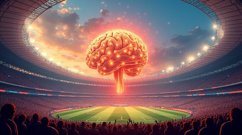 AI mózg jako sieć węzłów sterujący stadionem piłkarskim podczas mundialu 2026. Cyfrowy obraz podkreśla połączenie technologii i sportu.