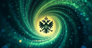 Wirujące dane w odcieniach zieleni i błękitu formują herb rodzinny, symbolizujący AI w wealth management.