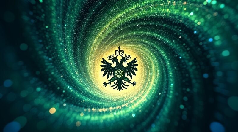 Wirujące dane w odcieniach zieleni i błękitu formują herb rodzinny, symbolizujący AI w wealth management.