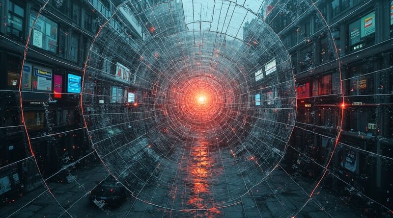 Pęknięte lustro odbija zniekształcone nagłówki wiadomości i media społecznościowe, symbolizując dezinformację AI.