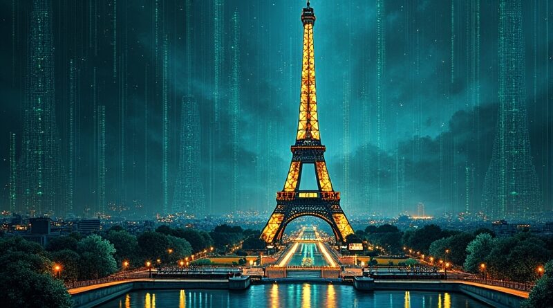 Wieża Eiffla spleciona z układami Nvidia, skąpana w binary code. Sojusz AI Francja-USA.