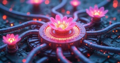 Futurystyczny system chłodzenia z bioluminescencyjną florą symbolizuje symbiozę technologii i natury w Frore Systems.