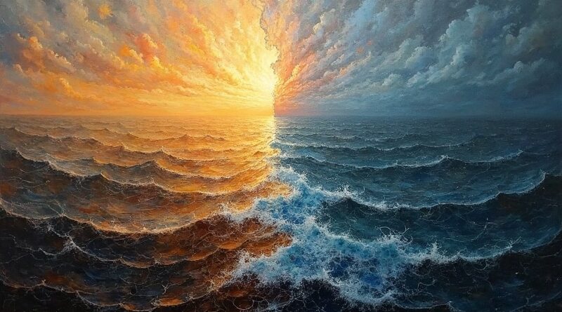 Pęknięta sieć neuronowa nad burzliwym morzem, symbolizująca napięcia w globalnej współpracy AI.