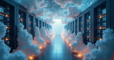 Eteryczna serwerownia z chmurami danych połączonymi złotą nicią, logo Gimlet Labs - optymalizacja zasobów AI.