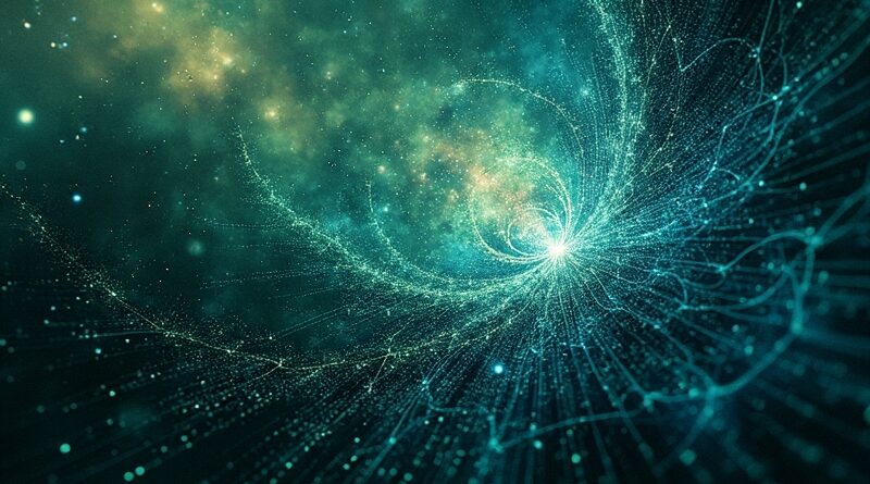 Abstrakcyjna wizja kodu rozkładanego i składanego w futurystyczne sieci neuronowe. Błękity, zielenie, fraktale i strumienie binarne.