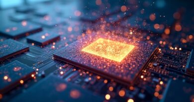 Abstrakcyjna wizualizacja rozpadającego się mikroprocesora, symbolizująca dostępność i współdzielenie mocy obliczeniowej w Google Cloud.