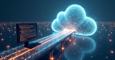 Eteryczny most danych łączy komputer z chmurą Google Colab, symbolizując autonomię agentów AI.