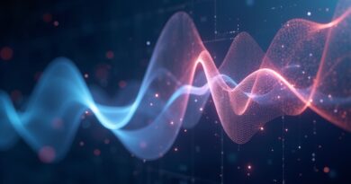 Iryzujące wstęgi światła tworzą ucho, symbolizując moc dźwięku i przyszłość interakcji głosowych z AI.