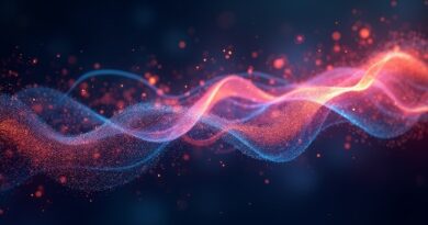 Abstrakcyjna wizualizacja Gemini 3.1 Flash Live: świetlne fale dźwiękowe, płynna komunikacja, językowa różnorodność.