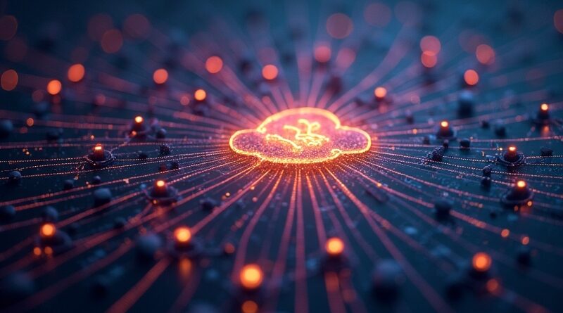 Sieć świecących węzłów symbolizuje integrację AI Gemini, z centralnym znakiem zodiaku Google.