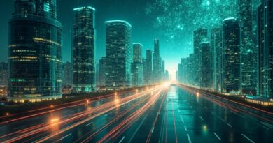 Surrealistyczna wizja: neurytyczne sieci Gemini splecione z budynkami korporacyjnymi w palecie błękitów i złota.