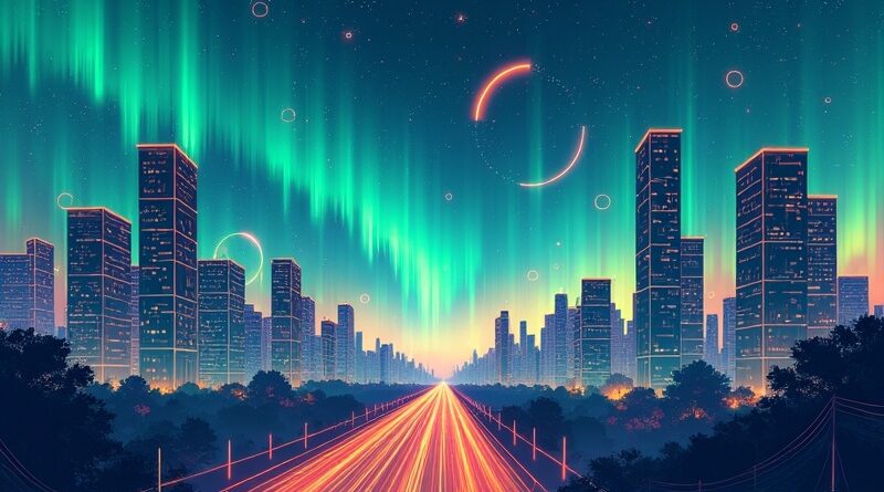Surrealistyczna wizja miejska: geometria budynków spleciona z trasami GPS w blasku AI.