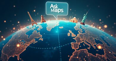 Futurystyczna mapa świata z neonowymi połączeniami i tekstem "Ask Maps", symbolizująca inteligentną nawigację.