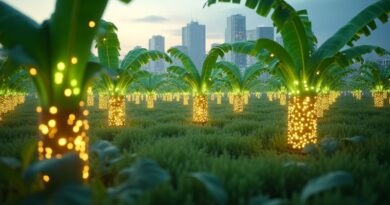 Futurystyczny sad z bananowymi drzewami oświetlonymi, z owocami w kształcie sieci neuronowych. AI w harmonii z naturą.