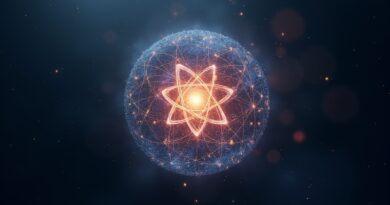 Sieć połączonych, świetlistych węzłów w sferze, z kodem React i aurą AI, symbolizująca przyszłość projektowania trójwymiarowego.